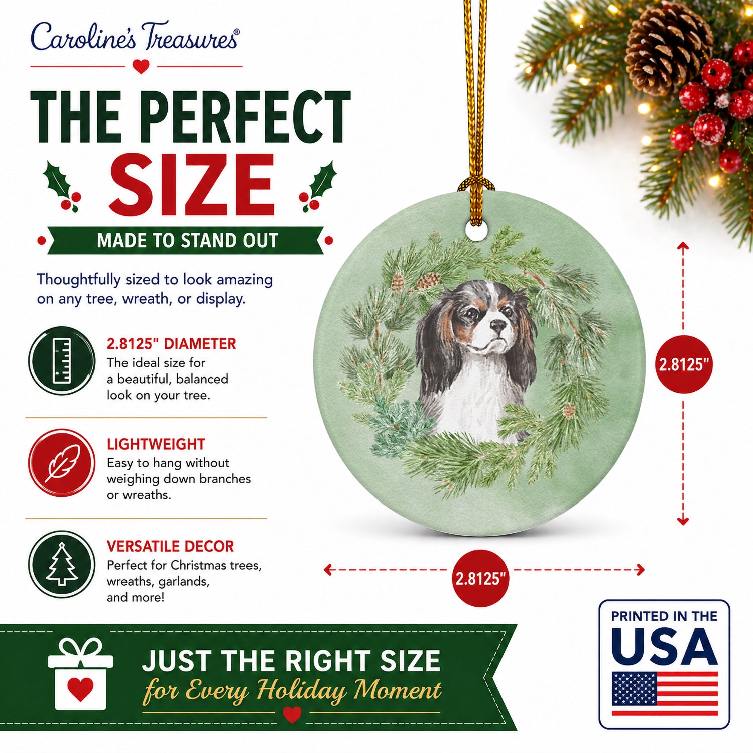 Cavalier Spaniel Tricolor Christmas Wreath Ceramic Ornament Christmas Tree Hanging Decorations for Home Christmas Holiday, Party, Gift, 3 in, Multicolor