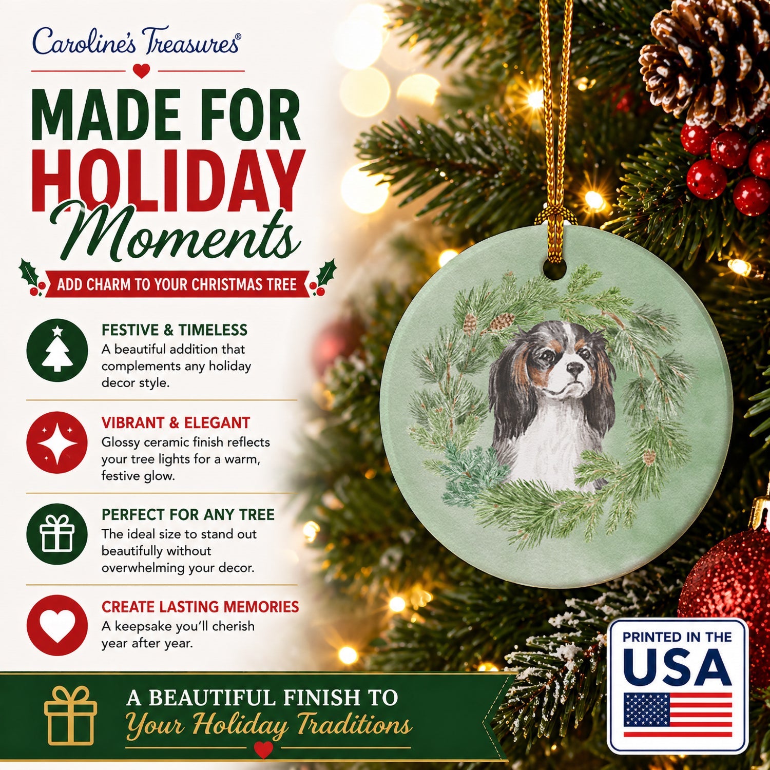 Cavalier Spaniel Tricolor Christmas Wreath Ceramic Ornament Christmas Tree Hanging Decorations for Home Christmas Holiday, Party, Gift, 3 in, Multicolor