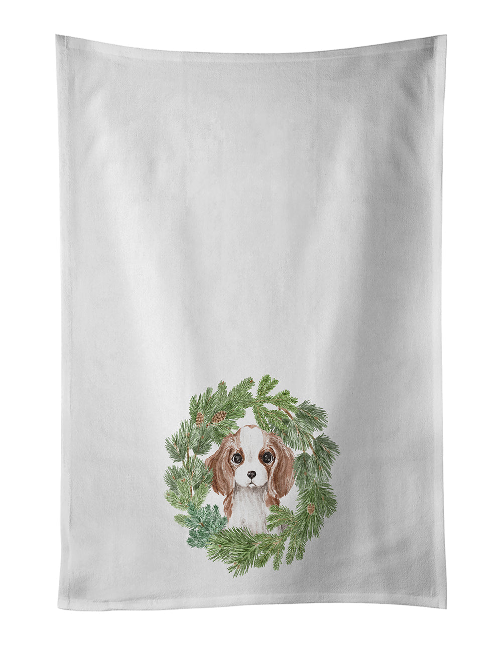 Cavalier Spaniel Puppy Blenheim Christmas Wreath Kitchen Towel Set of 2 White Dish Towels Decorative Bathroom Hand towel for Hand, Face, Hair, Yoga, Tea, Dishcloth, 19 X 28", White