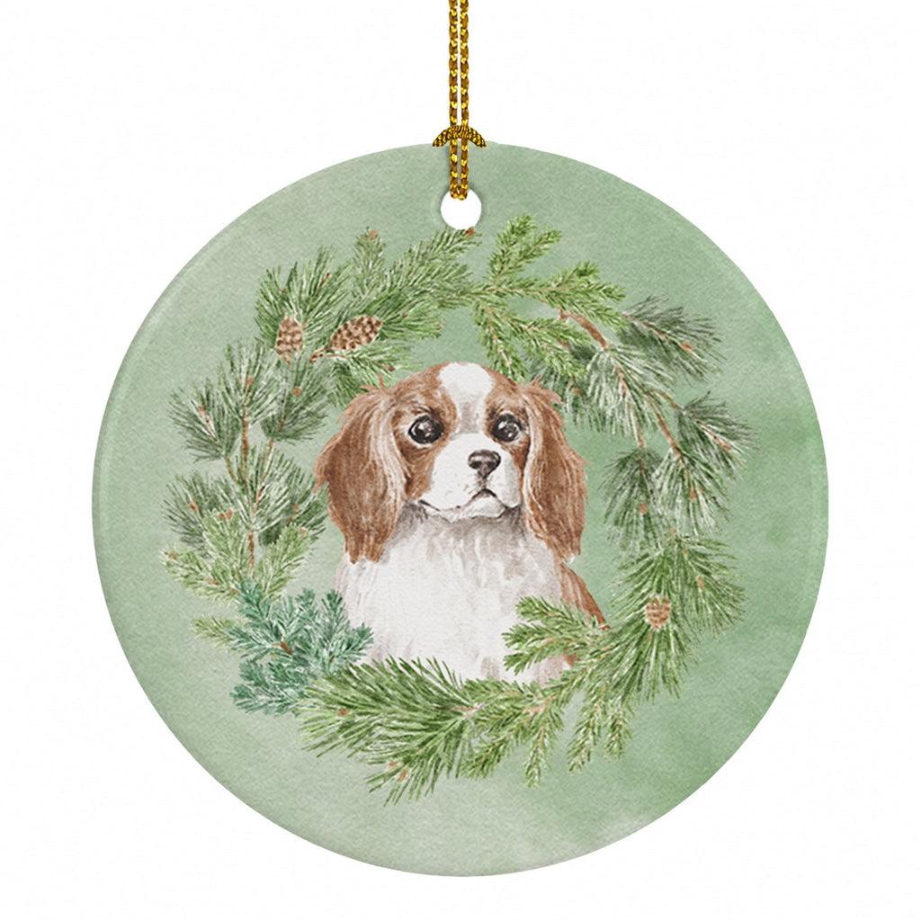 Cavalier Spaniel Blenheim Puppy Wide Eyed Christmas Wreath Ceramic Ornament Christmas Tree Hanging Decorations for Home Christmas Holiday, Party, Gift, 3 in, Multicolor