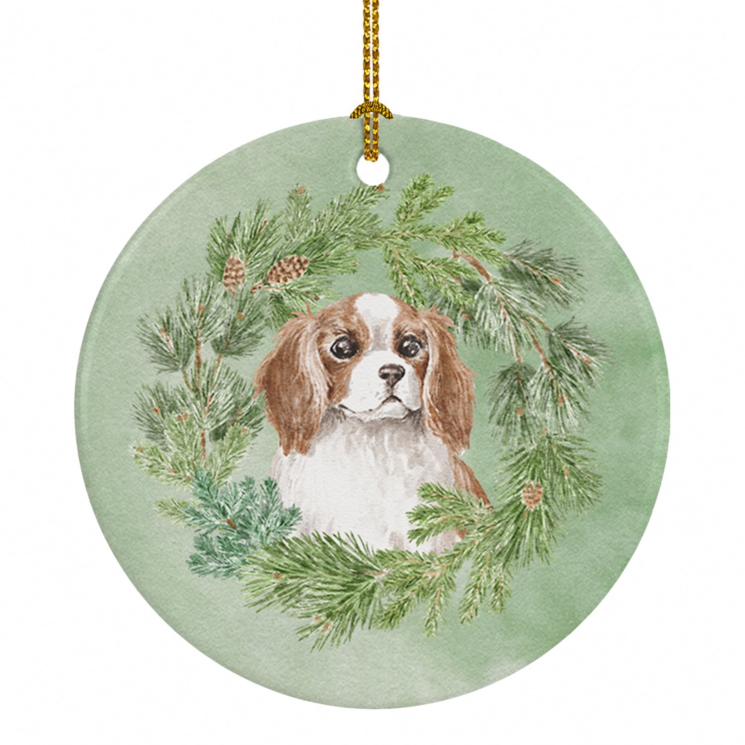 Cavalier Spaniel Blenheim Puppy Wide Eyed Christmas Wreath Ceramic Ornament Christmas Tree Hanging Decorations for Home Christmas Holiday, Party, Gift, 3 in, Multicolor