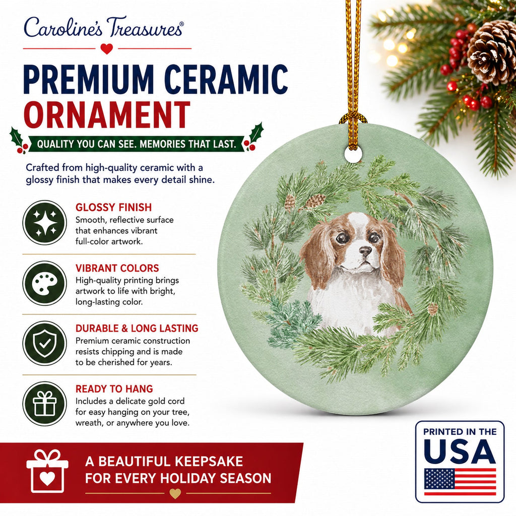 Cavalier Spaniel Blenheim Puppy Wide Eyed Christmas Wreath Ceramic Ornament Christmas Tree Hanging Decorations for Home Christmas Holiday, Party, Gift, 3 in, Multicolor