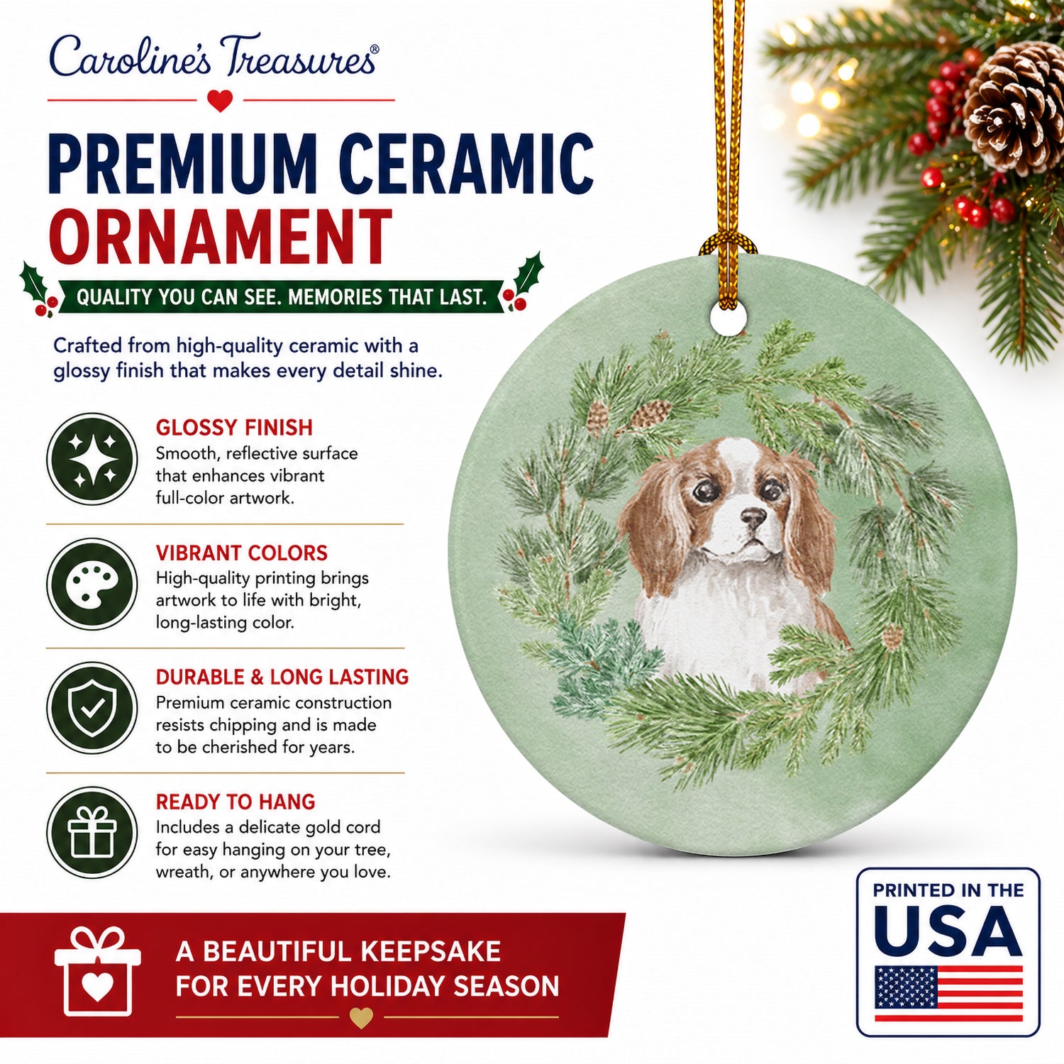 Cavalier Spaniel Blenheim Puppy Wide Eyed Christmas Wreath Ceramic Ornament Christmas Tree Hanging Decorations for Home Christmas Holiday, Party, Gift, 3 in, Multicolor