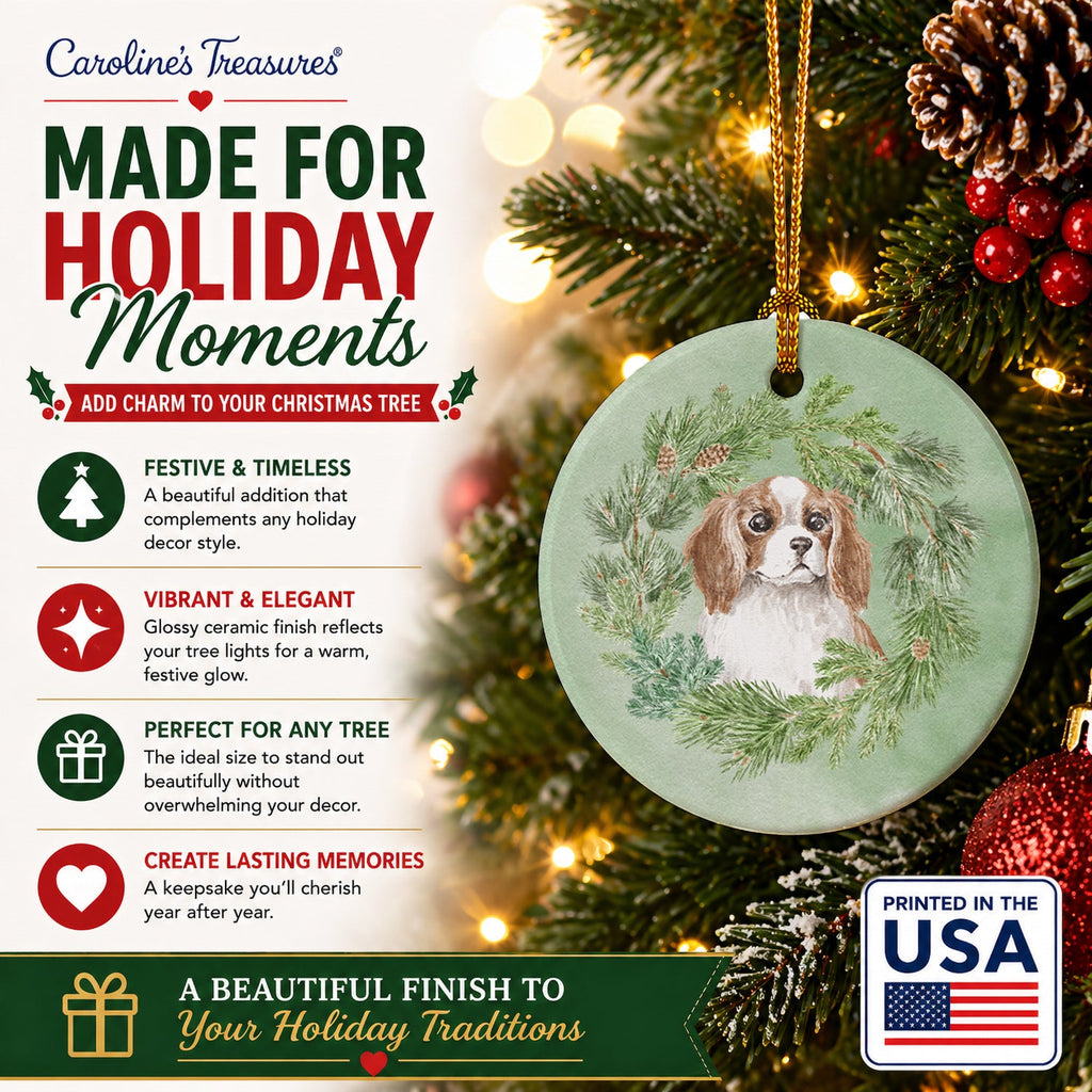 Cavalier Spaniel Blenheim Puppy Wide Eyed Christmas Wreath Ceramic Ornament Christmas Tree Hanging Decorations for Home Christmas Holiday, Party, Gift, 3 in, Multicolor