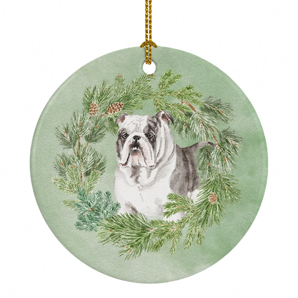 Bulldog Brindled Christmas Wreath Ceramic Ornament Christmas Tree Hanging Decorations for Home Christmas Holiday, Party, Gift, 3 in, Multicolor