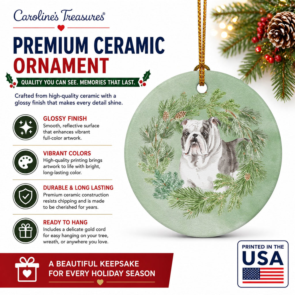 Bulldog Brindled Christmas Wreath Ceramic Ornament Christmas Tree Hanging Decorations for Home Christmas Holiday, Party, Gift, 3 in, Multicolor