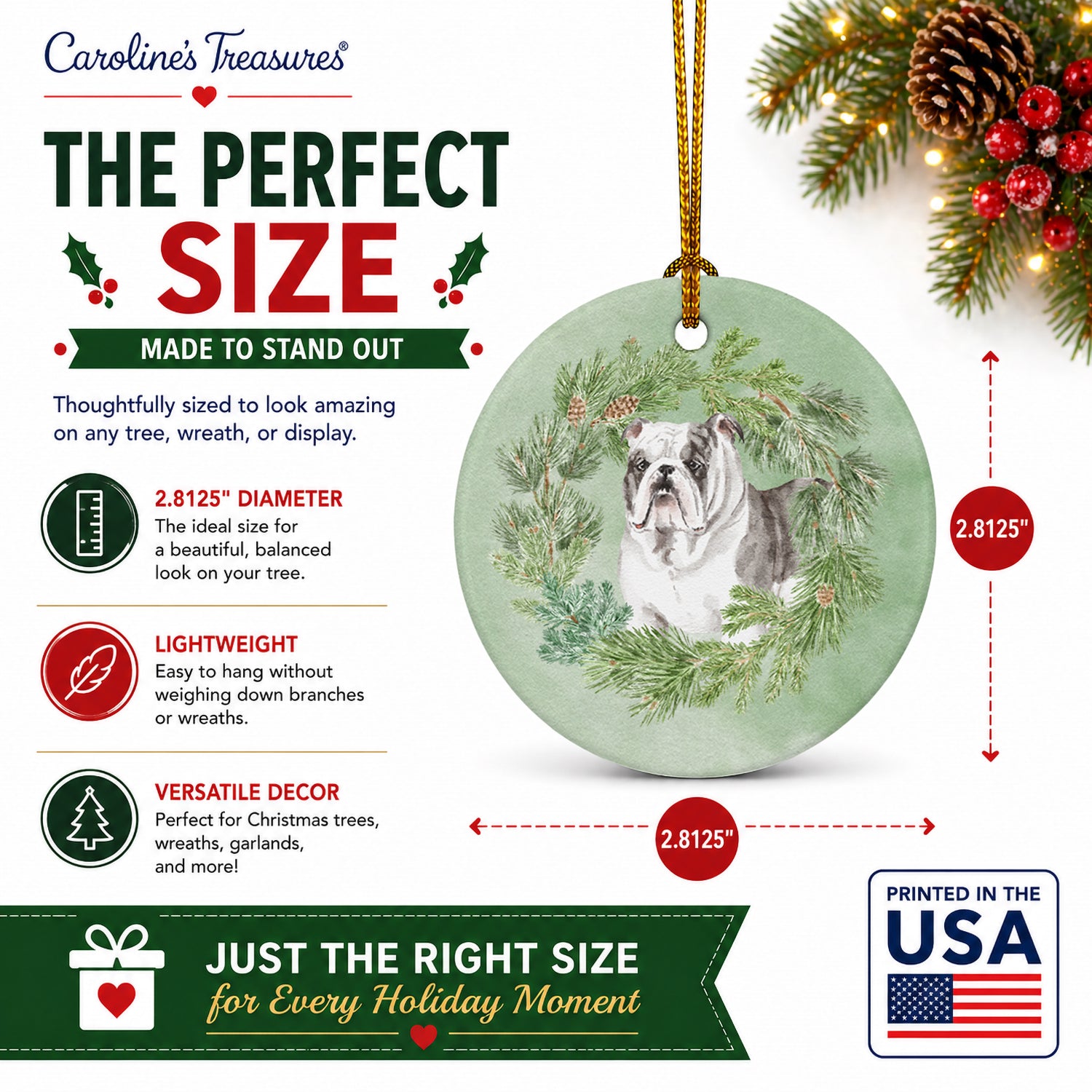 Bulldog Brindled Christmas Wreath Ceramic Ornament Christmas Tree Hanging Decorations for Home Christmas Holiday, Party, Gift, 3 in, Multicolor