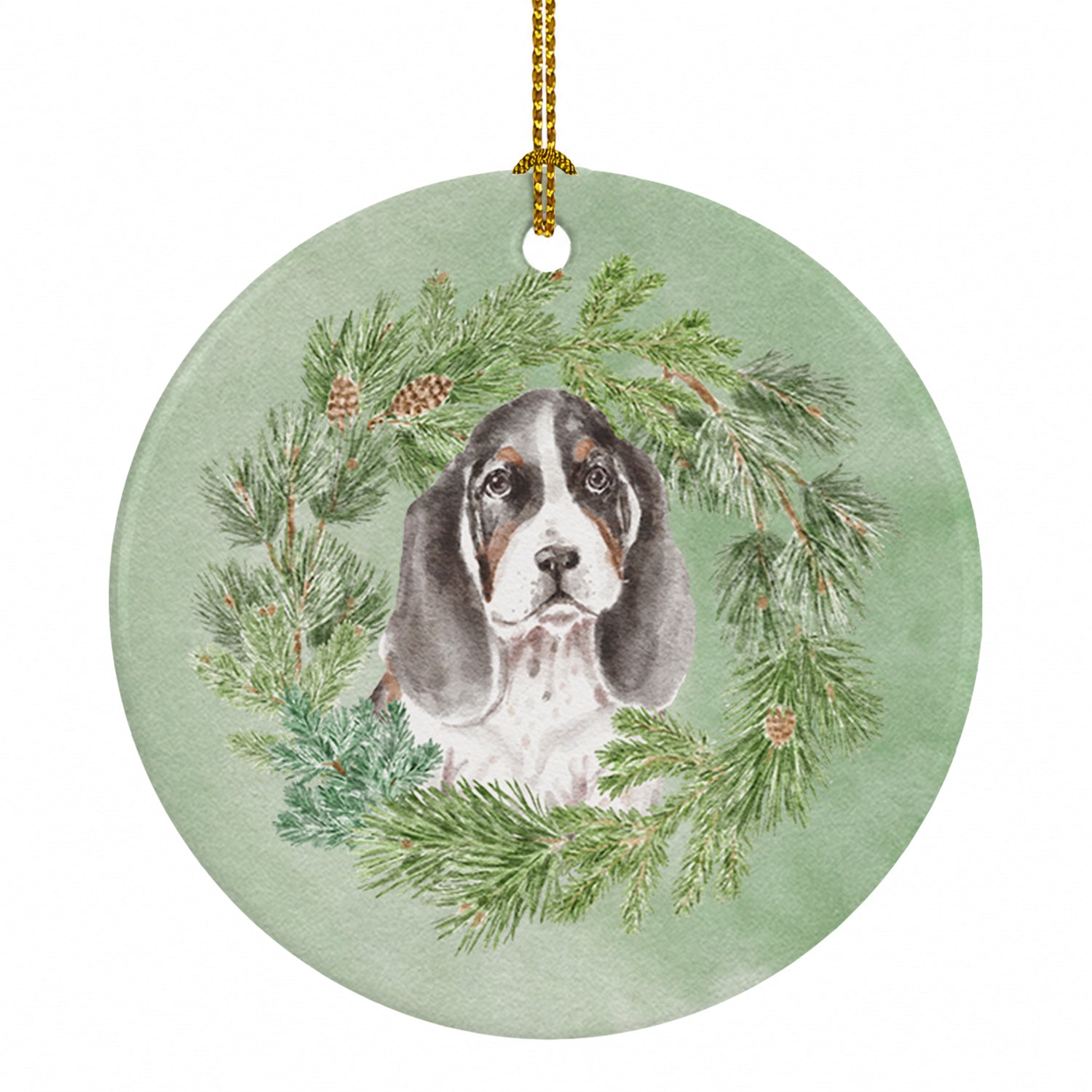 Basset Hound Puppy Tricolor Christmas Wreath Ceramic Ornament Christmas Tree Hanging Decorations for Home Christmas Holiday, Party, Gift, 3 in, Multicolor