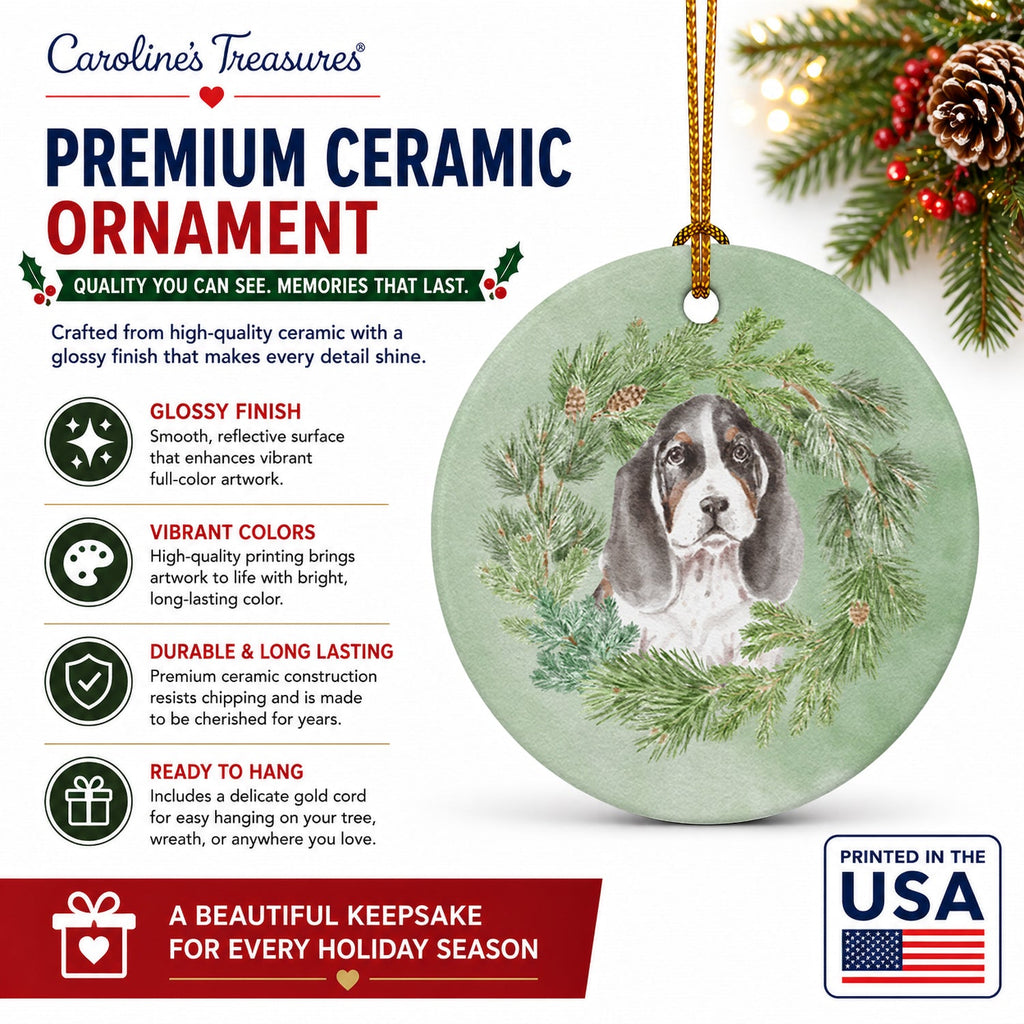 Basset Hound Puppy Tricolor Christmas Wreath Ceramic Ornament Christmas Tree Hanging Decorations for Home Christmas Holiday, Party, Gift, 3 in, Multicolor