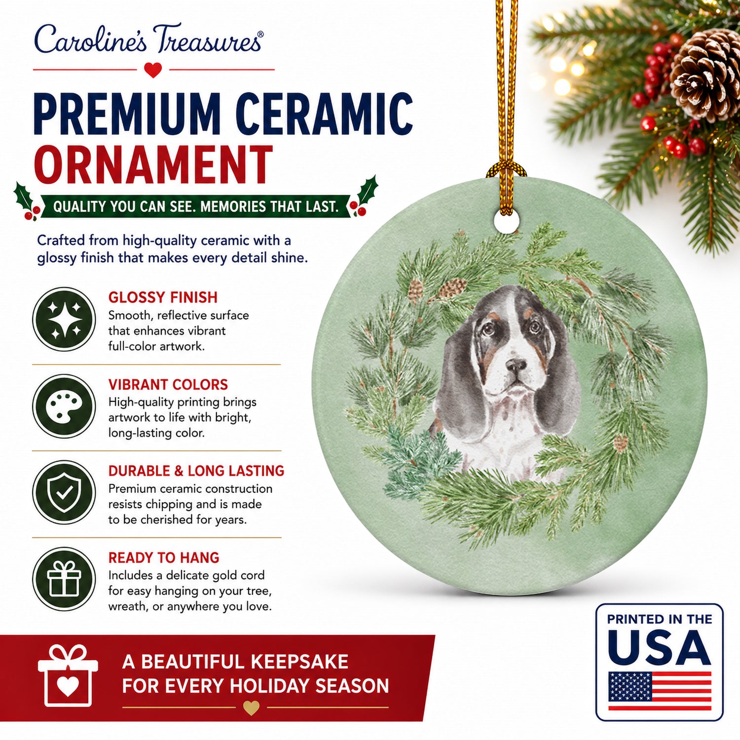 Basset Hound Puppy Tricolor Christmas Wreath Ceramic Ornament Christmas Tree Hanging Decorations for Home Christmas Holiday, Party, Gift, 3 in, Multicolor