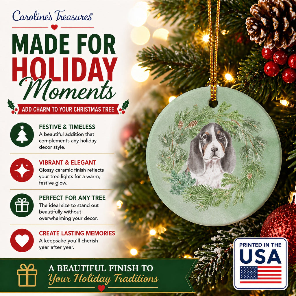 Basset Hound Puppy Tricolor Christmas Wreath Ceramic Ornament Christmas Tree Hanging Decorations for Home Christmas Holiday, Party, Gift, 3 in, Multicolor