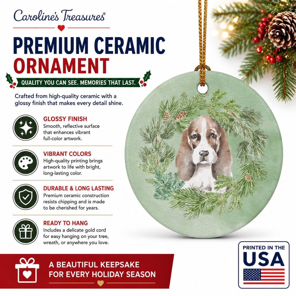 Basset Hound Puppy Brown White and Black Christmas Wreath Ceramic Ornament Christmas Tree Hanging Decorations for Home Christmas Holiday, Party, Gift, 3 in, Multicolor
