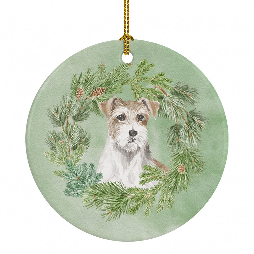 Jack Russell Terrier Chestnut and White Wirehaired Christmas Wreath Ceramic Ornament Christmas Tree Hanging Decorations for Home Christmas Holiday, Party, Gift, 3 in, Multicolor
