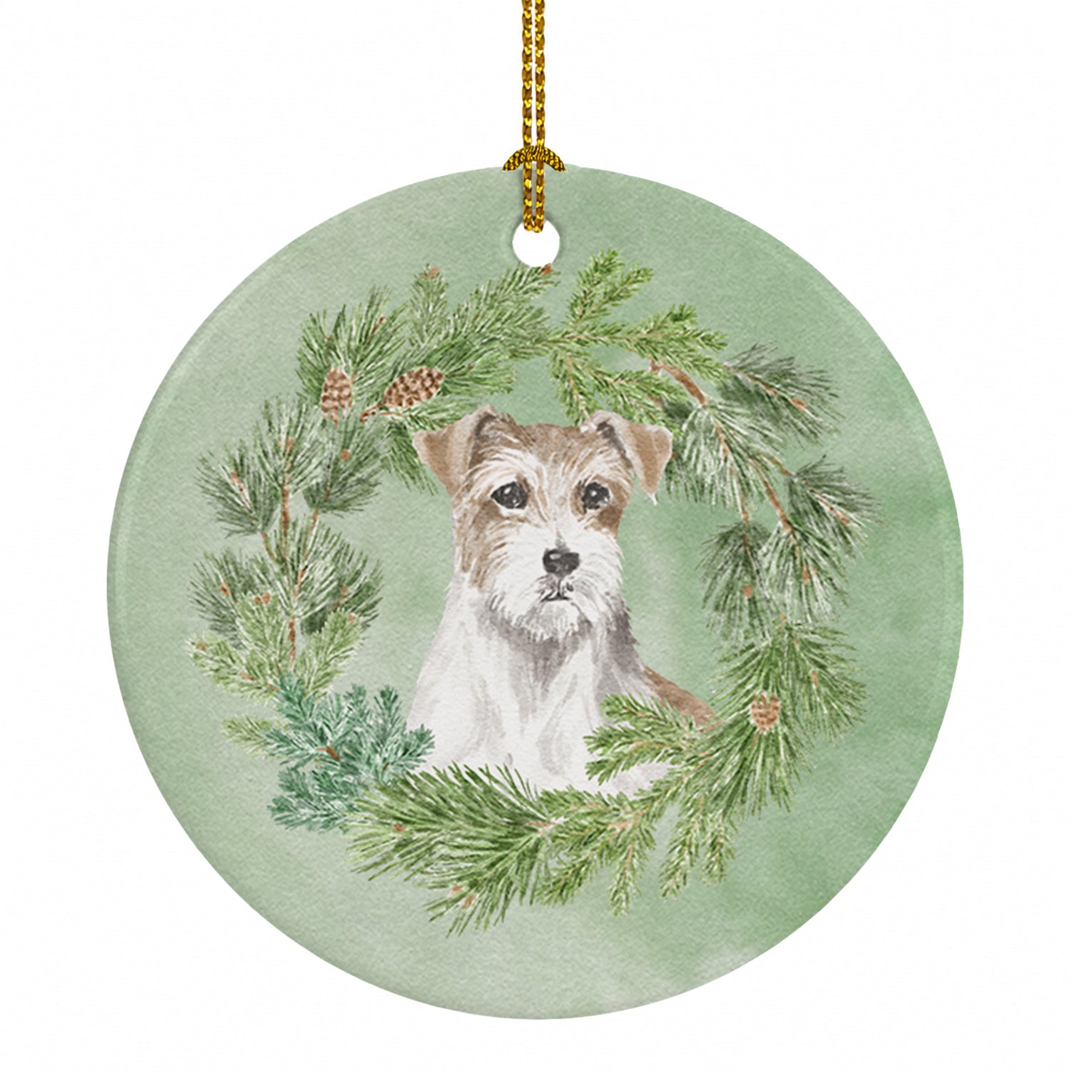 Jack Russell Terrier Chestnut and White Wirehaired Christmas Wreath Ceramic Ornament Christmas Tree Hanging Decorations for Home Christmas Holiday, Party, Gift, 3 in, Multicolor