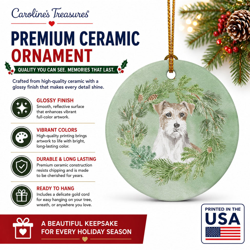 Jack Russell Terrier Chestnut and White Wirehaired Christmas Wreath Ceramic Ornament Christmas Tree Hanging Decorations for Home Christmas Holiday, Party, Gift, 3 in, Multicolor