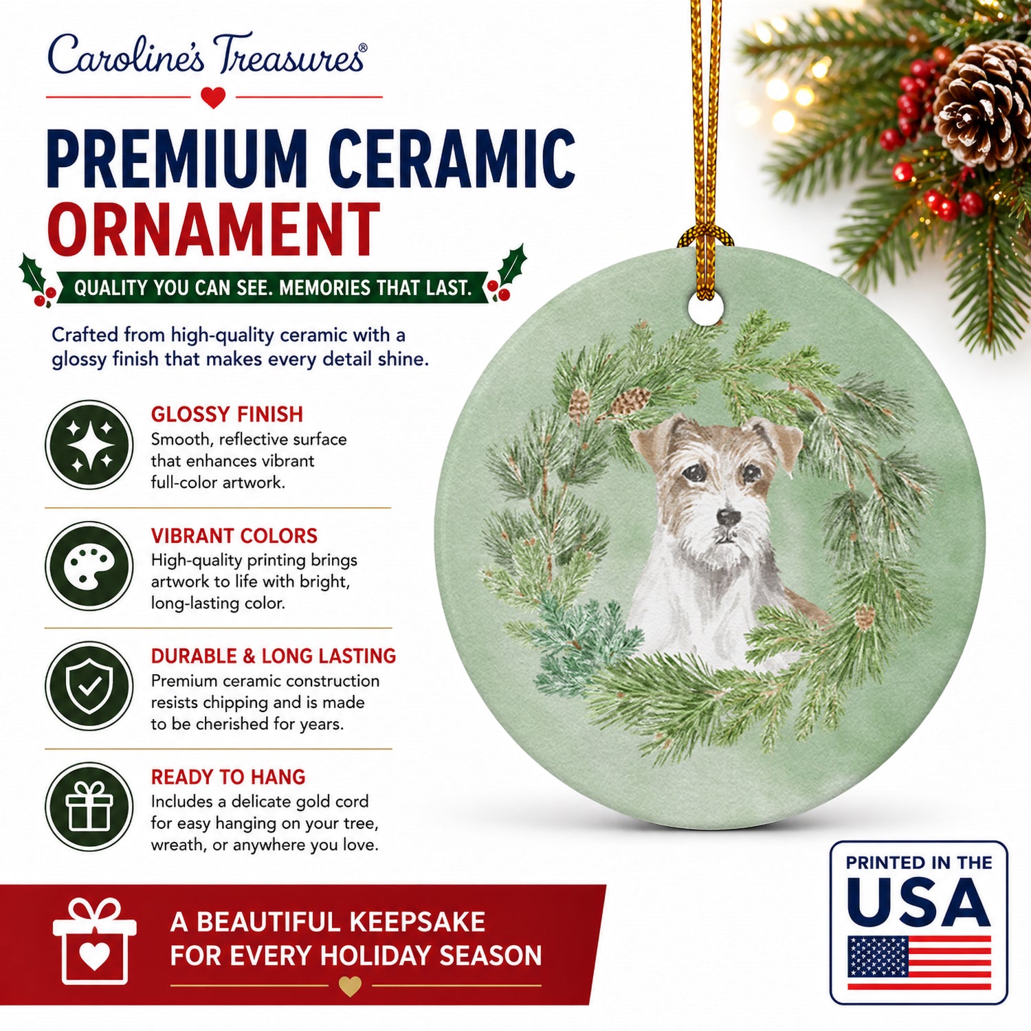 Jack Russell Terrier Chestnut and White Wirehaired Christmas Wreath Ceramic Ornament Christmas Tree Hanging Decorations for Home Christmas Holiday, Party, Gift, 3 in, Multicolor