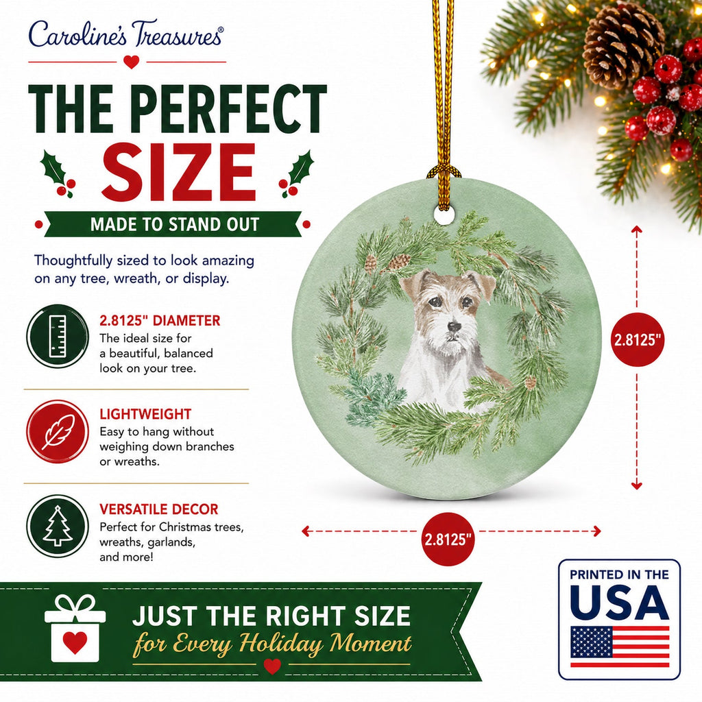 Jack Russell Terrier Chestnut and White Wirehaired Christmas Wreath Ceramic Ornament Christmas Tree Hanging Decorations for Home Christmas Holiday, Party, Gift, 3 in, Multicolor