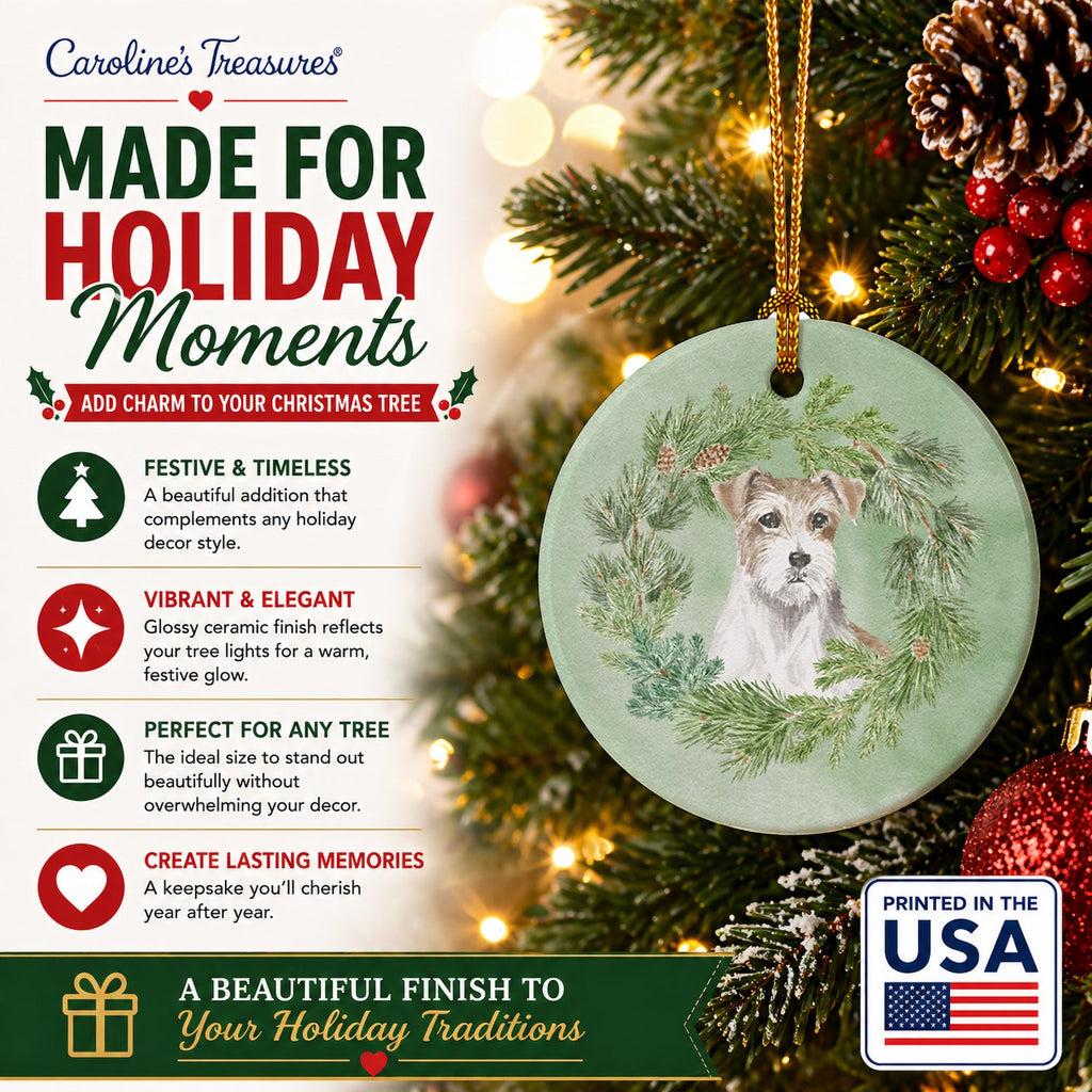 Jack Russell Terrier Chestnut and White Wirehaired Christmas Wreath Ceramic Ornament Christmas Tree Hanging Decorations for Home Christmas Holiday, Party, Gift, 3 in, Multicolor