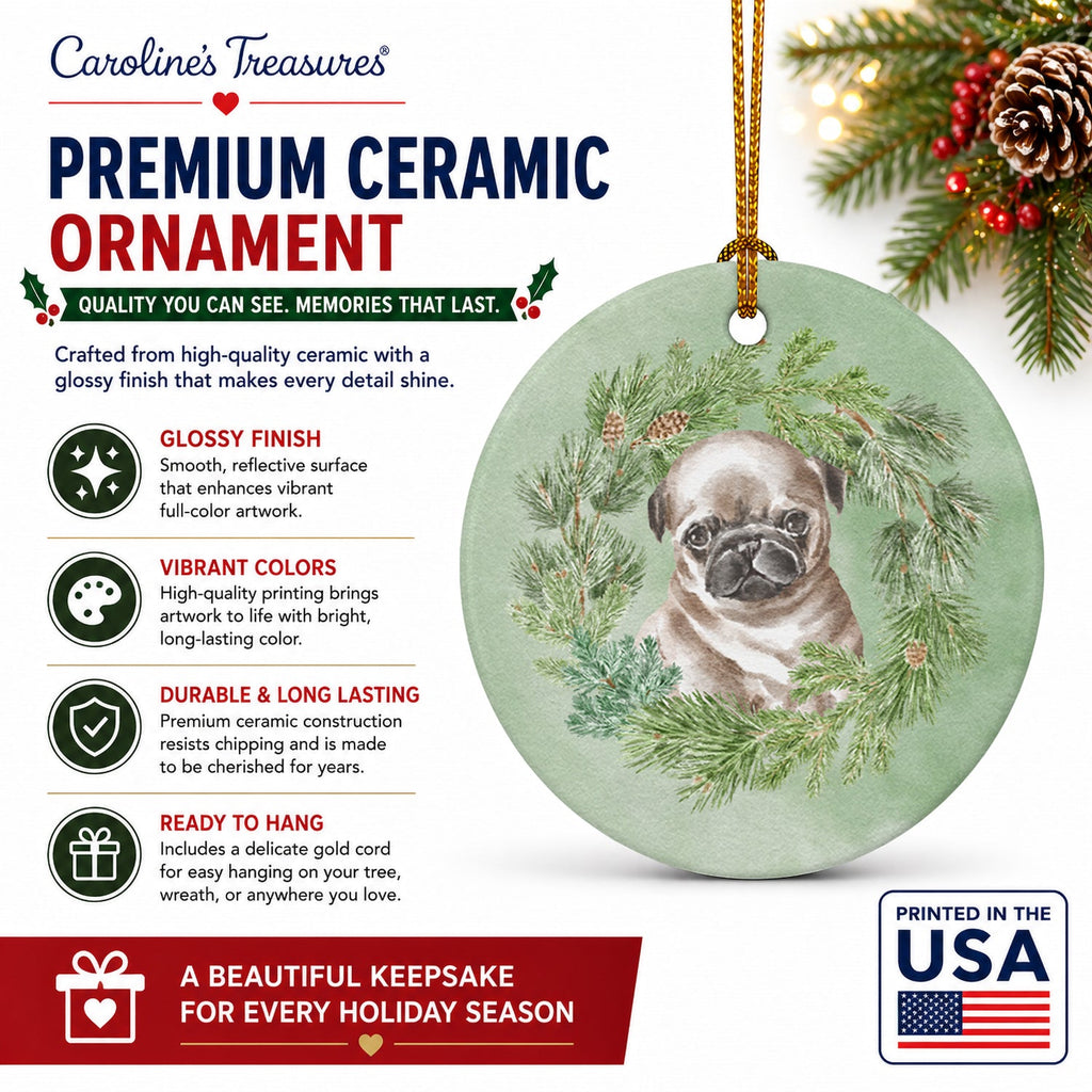 Pug Puppy Fawn Head Tilt Christmas Wreath Ceramic Ornament Christmas Tree Hanging Decorations for Home Christmas Holiday, Party, Gift, 3 in, Multicolor