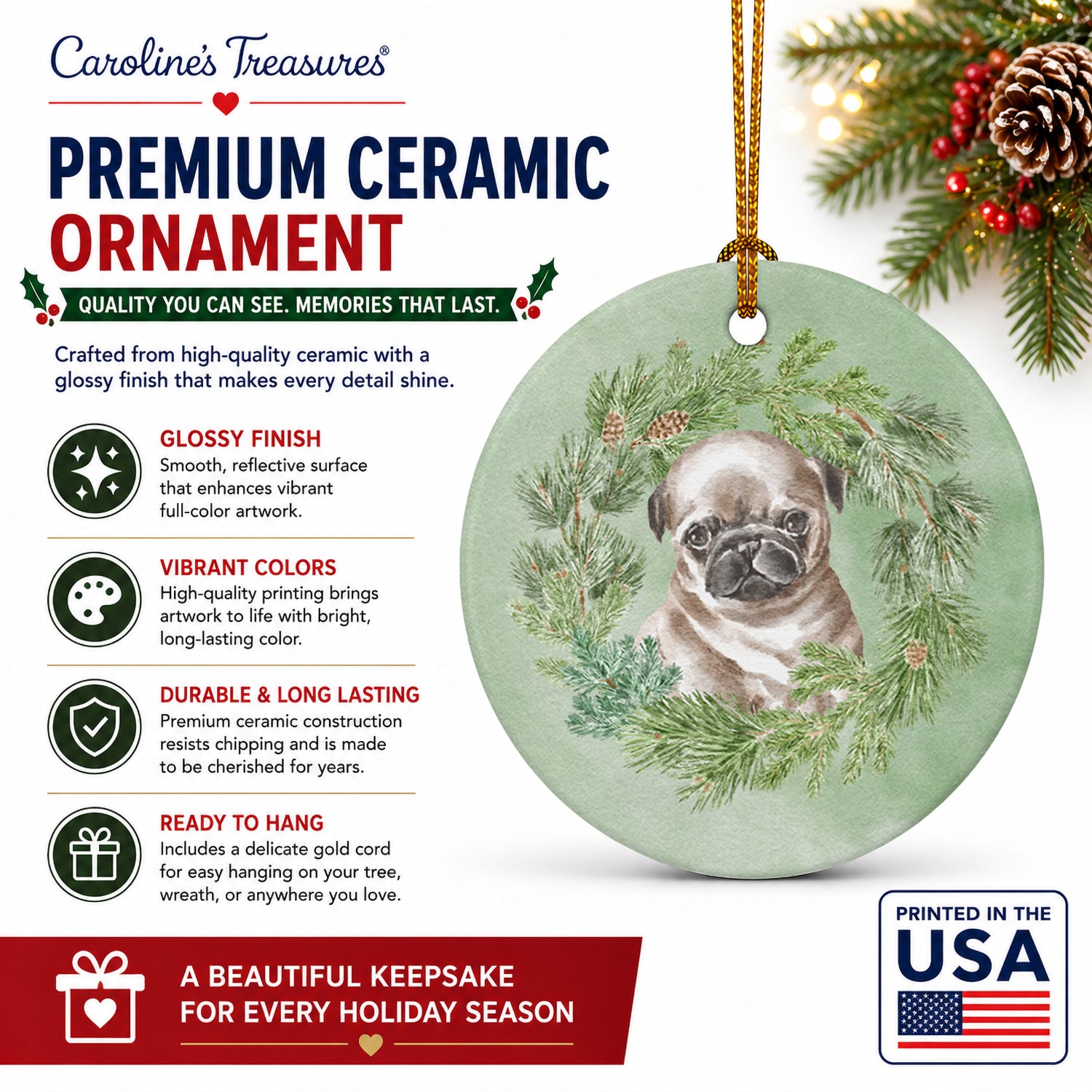 Pug Puppy Fawn Head Tilt Christmas Wreath Ceramic Ornament Christmas Tree Hanging Decorations for Home Christmas Holiday, Party, Gift, 3 in, Multicolor