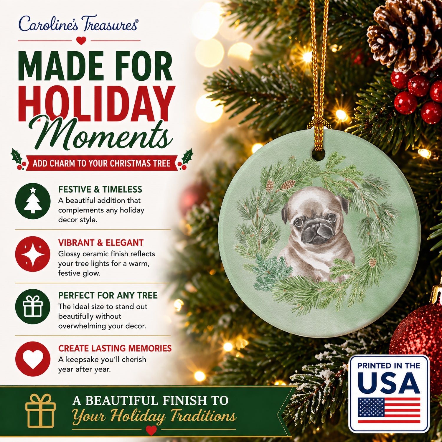 Pug Puppy Fawn Head Tilt Christmas Wreath Ceramic Ornament Christmas Tree Hanging Decorations for Home Christmas Holiday, Party, Gift, 3 in, Multicolor