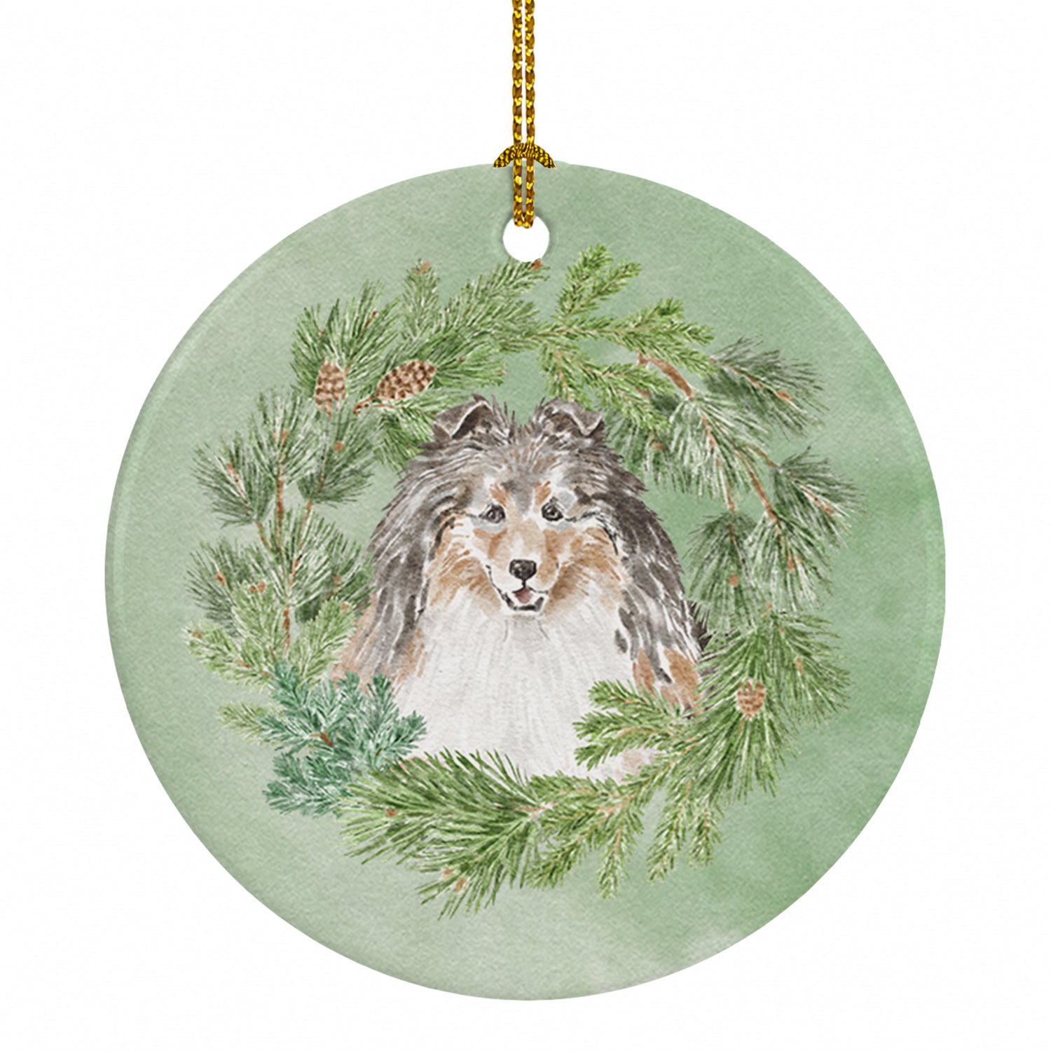 Sheltie/Shetland Sheepdog Tricolor Smiling #1 Christmas Wreath Ceramic Ornament Christmas Tree Hanging Decorations for Home Christmas Holiday, Party, Gift, 3 in, Multicolor