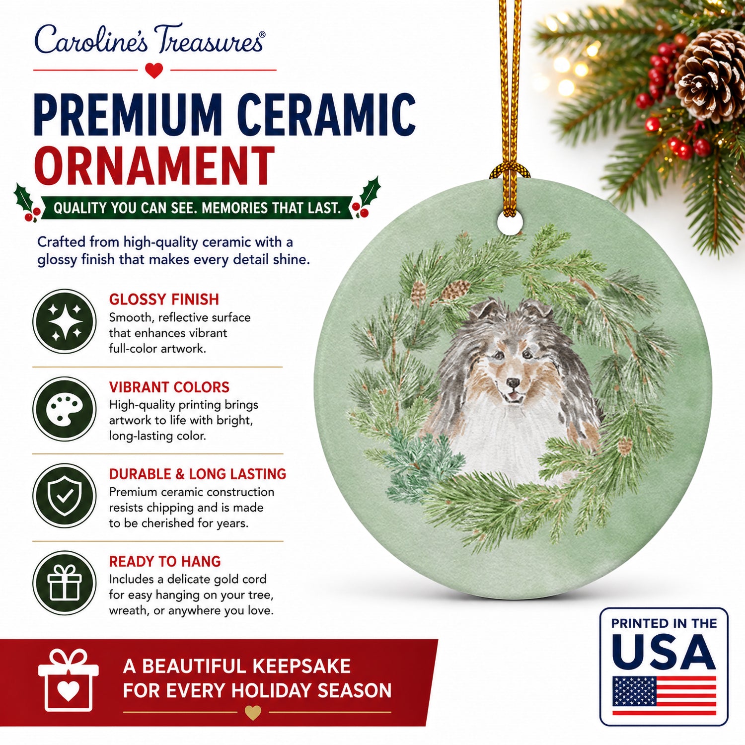 Sheltie/Shetland Sheepdog Tricolor Smiling #1 Christmas Wreath Ceramic Ornament Christmas Tree Hanging Decorations for Home Christmas Holiday, Party, Gift, 3 in, Multicolor