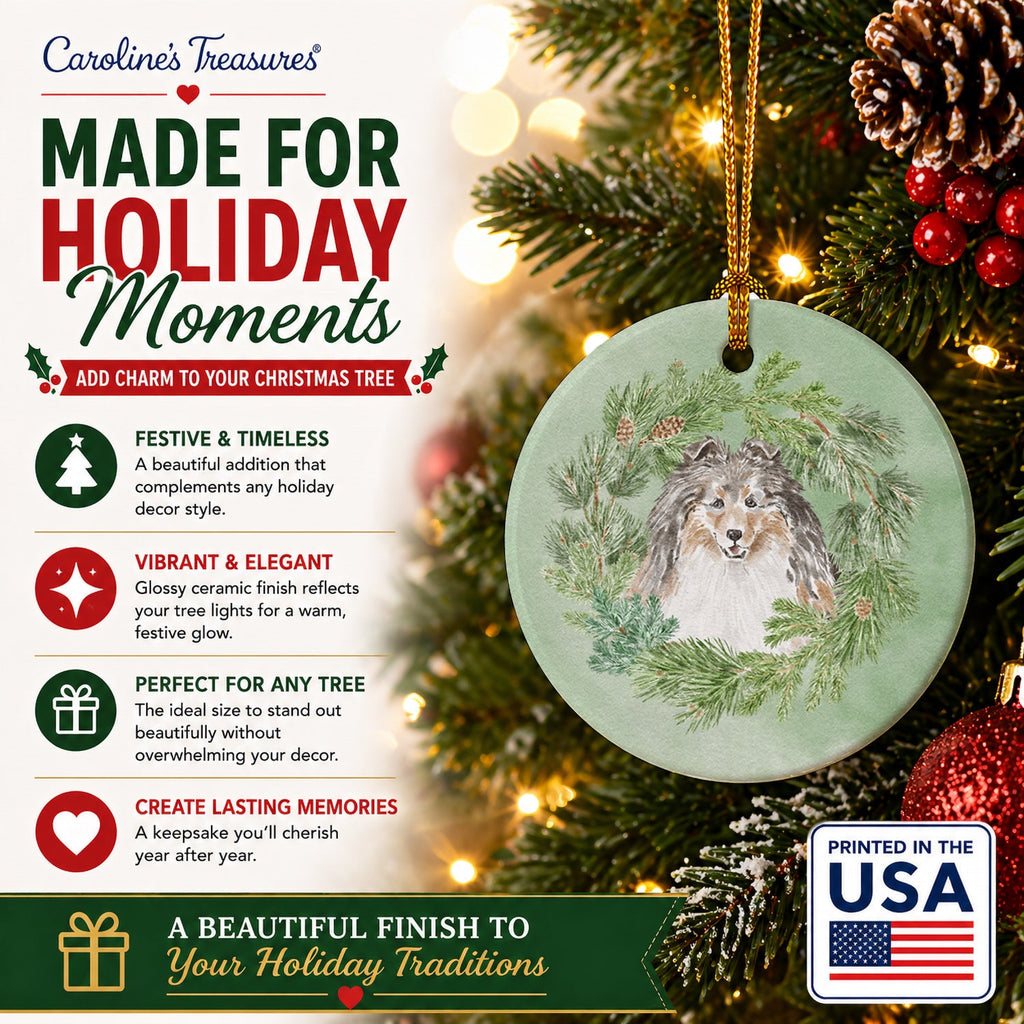 Sheltie/Shetland Sheepdog Tricolor Smiling #1 Christmas Wreath Ceramic Ornament Christmas Tree Hanging Decorations for Home Christmas Holiday, Party, Gift, 3 in, Multicolor