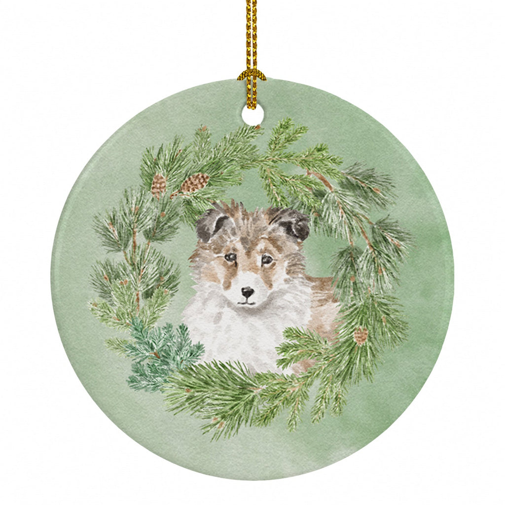 Sheltie/Shetland Sheepdog Puppy Sable Christmas Wreath Ceramic Ornament Christmas Tree Hanging Decorations for Home Christmas Holiday, Party, Gift, 3 in, Multicolor