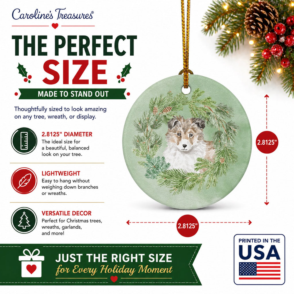 Sheltie/Shetland Sheepdog Puppy Sable Christmas Wreath Ceramic Ornament Christmas Tree Hanging Decorations for Home Christmas Holiday, Party, Gift, 3 in, Multicolor