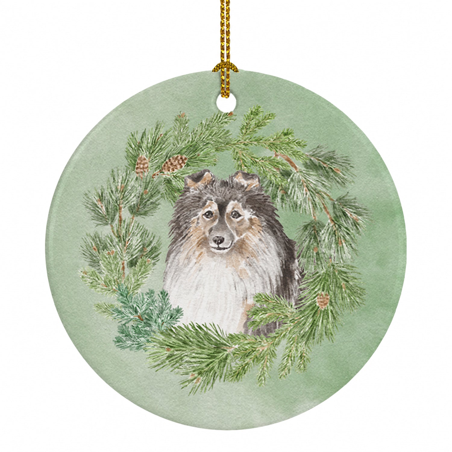 Sheltie/Shetland SheepdogTricolor Smiling #2 Christmas Wreath Ceramic Ornament Christmas Tree Hanging Decorations for Home Christmas Holiday, Party, Gift, 3 in, Multicolor