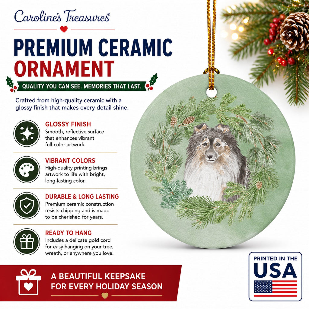 Sheltie/Shetland SheepdogTricolor Smiling #2 Christmas Wreath Ceramic Ornament Christmas Tree Hanging Decorations for Home Christmas Holiday, Party, Gift, 3 in, Multicolor