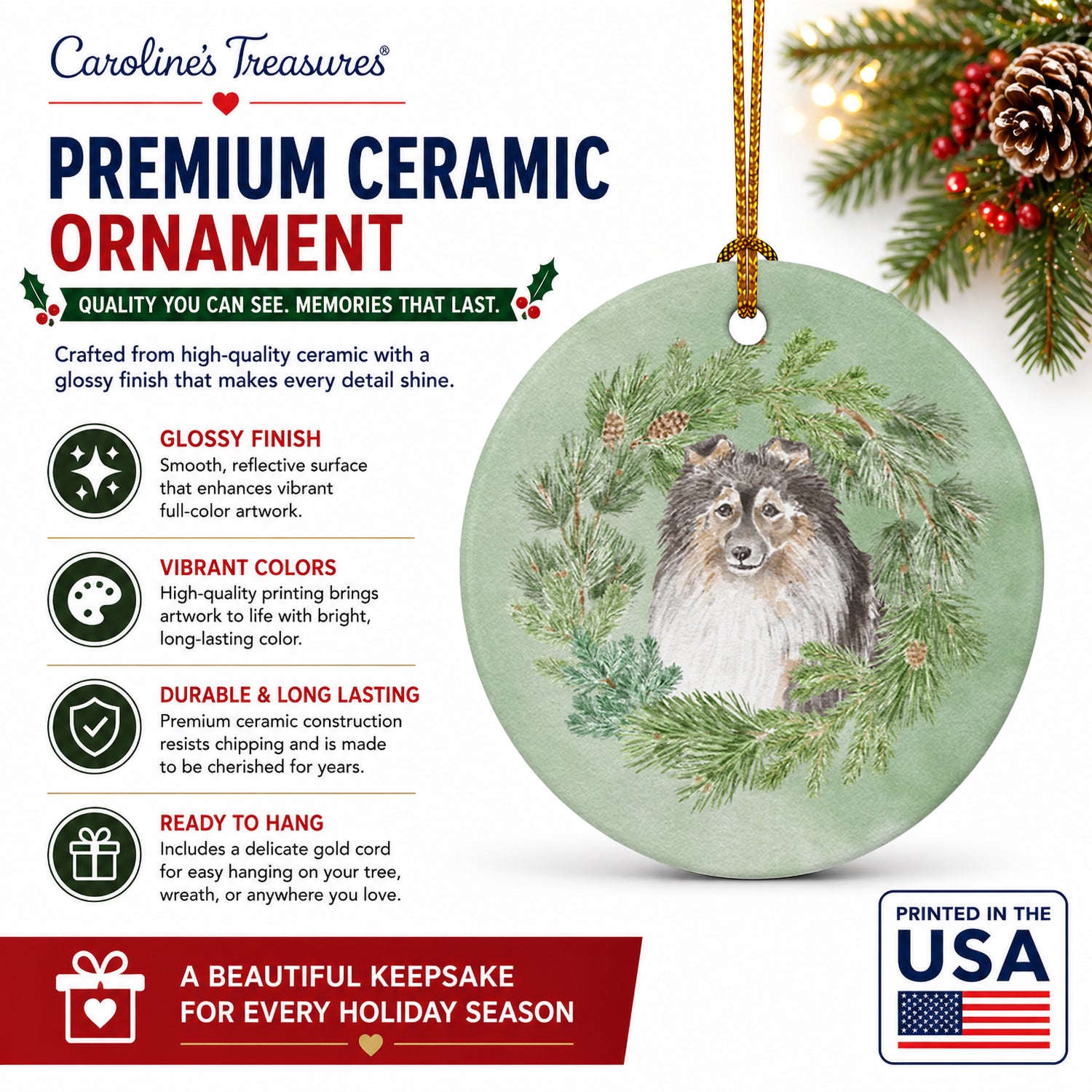 Sheltie/Shetland SheepdogTricolor Smiling #2 Christmas Wreath Ceramic Ornament Christmas Tree Hanging Decorations for Home Christmas Holiday, Party, Gift, 3 in, Multicolor
