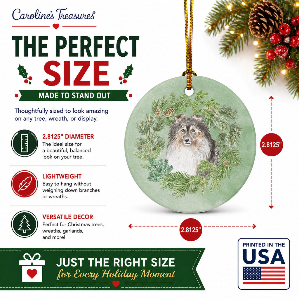 Sheltie/Shetland SheepdogTricolor Smiling #2 Christmas Wreath Ceramic Ornament Christmas Tree Hanging Decorations for Home Christmas Holiday, Party, Gift, 3 in, Multicolor