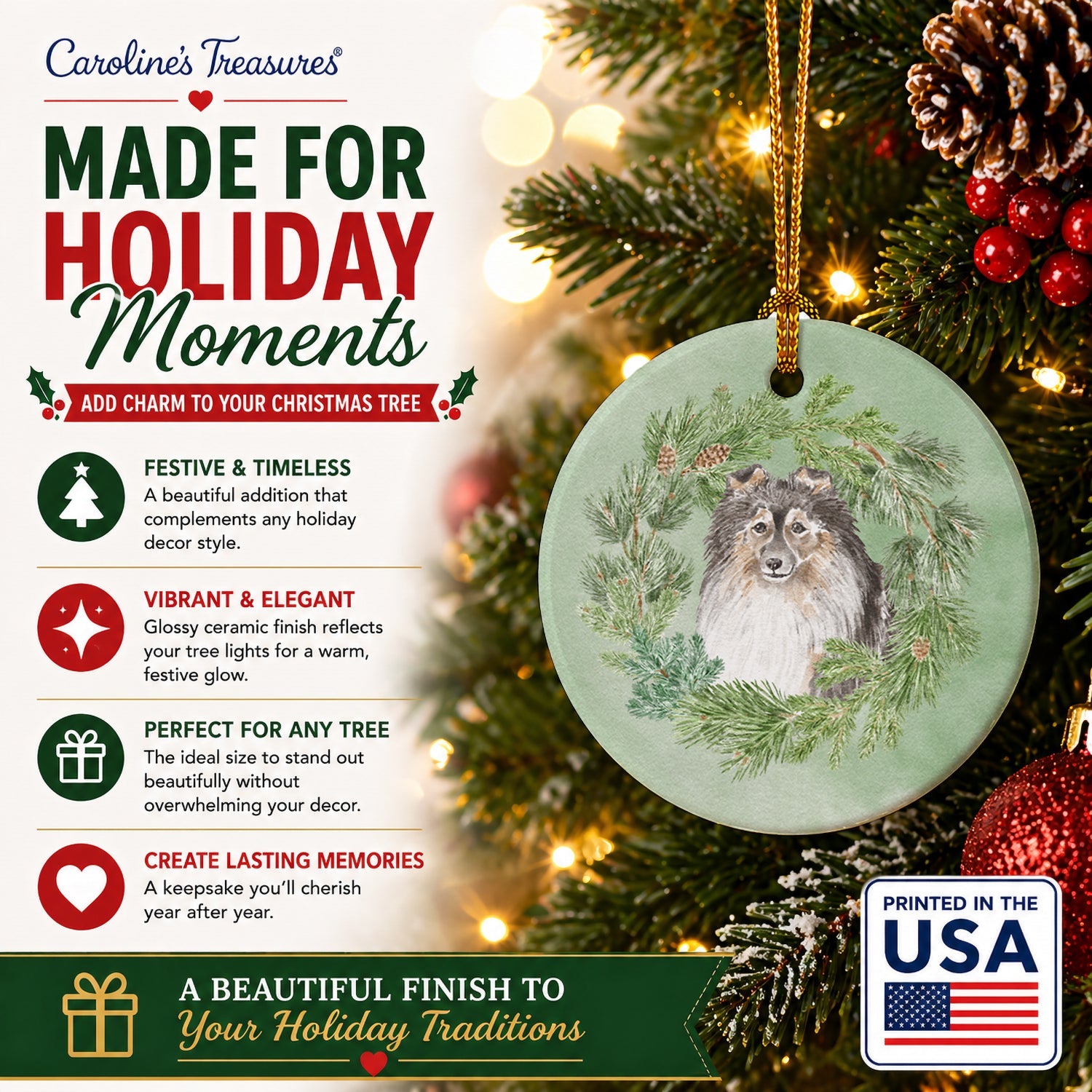 Sheltie/Shetland SheepdogTricolor Smiling #2 Christmas Wreath Ceramic Ornament Christmas Tree Hanging Decorations for Home Christmas Holiday, Party, Gift, 3 in, Multicolor