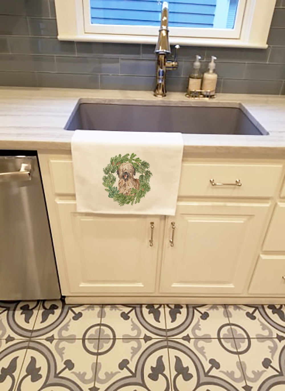 Briard Smiling Christmas Wreath Kitchen Towel Set of 2 White Dish Towels Decorative Bathroom Hand towel for Hand, Face, Hair, Yoga, Tea, Dishcloth, 19 X 28", White