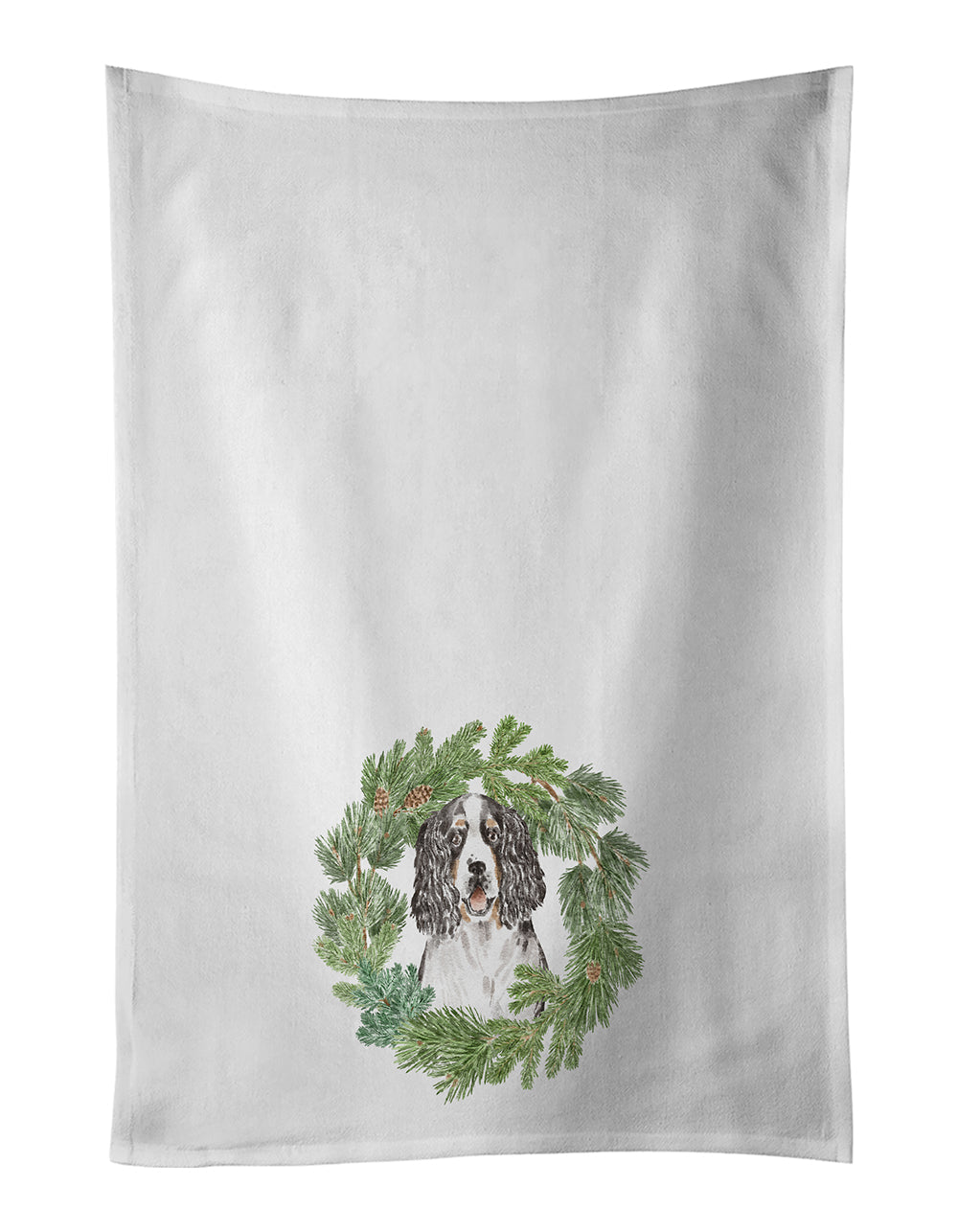 English Springer Spaniel Tricolor Christmas Wreath Kitchen Towel Set of 2 White Dish Towels Decorative Bathroom Hand towel for Hand, Face, Hair, Yoga, Tea, Dishcloth, 19 X 28", White