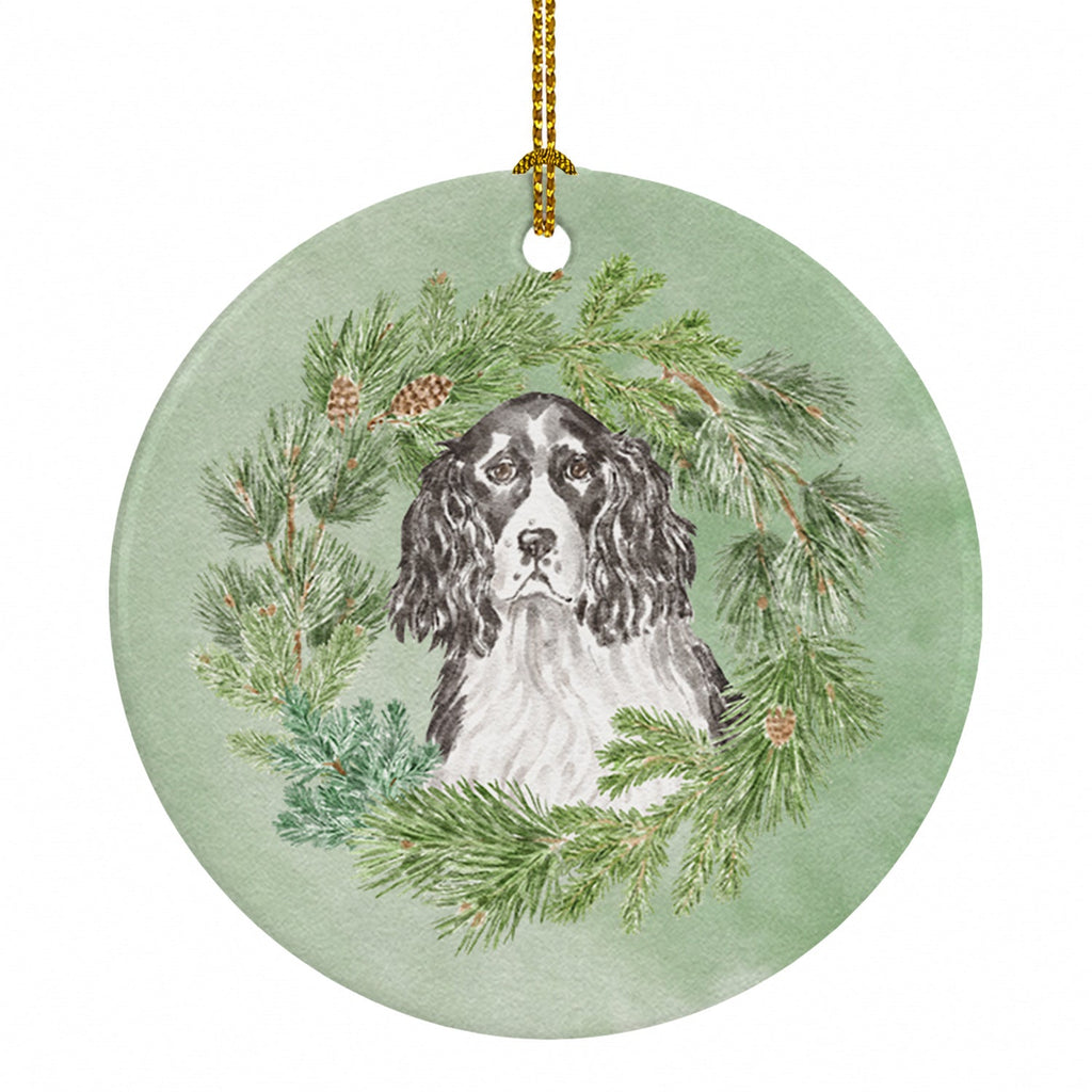 English Springer Spaniel Black and White Christmas Wreath Ceramic Ornament Christmas Tree Hanging Decorations for Home Christmas Holiday, Party, Gift, 3 in, Multicolor