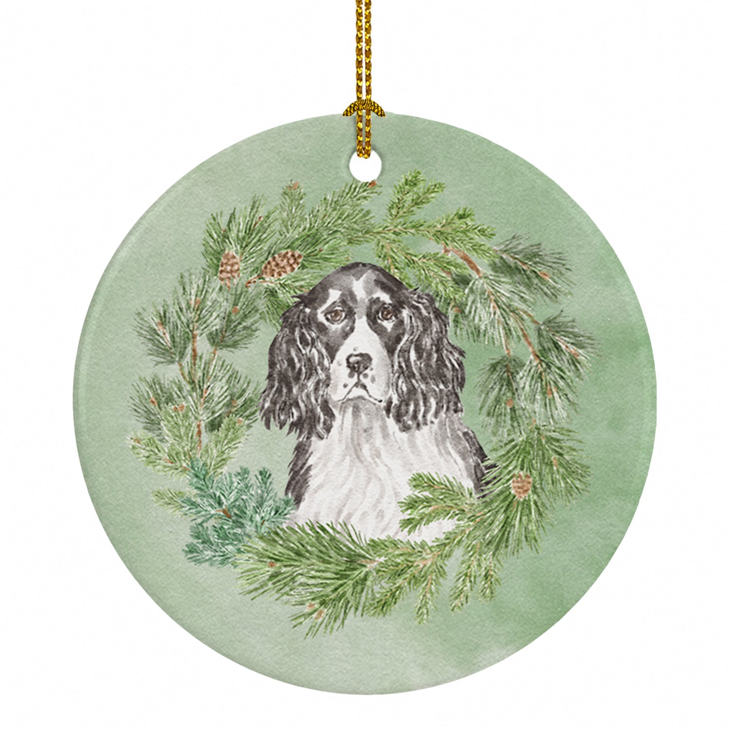 English Springer Spaniel Black and White Christmas Wreath Ceramic Ornament Christmas Tree Hanging Decorations for Home Christmas Holiday, Party, Gift, 3 in, Multicolor