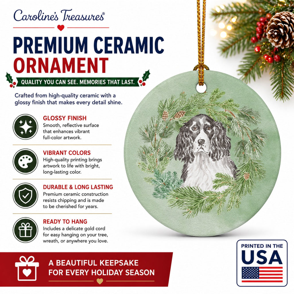 English Springer Spaniel Black and White Christmas Wreath Ceramic Ornament Christmas Tree Hanging Decorations for Home Christmas Holiday, Party, Gift, 3 in, Multicolor