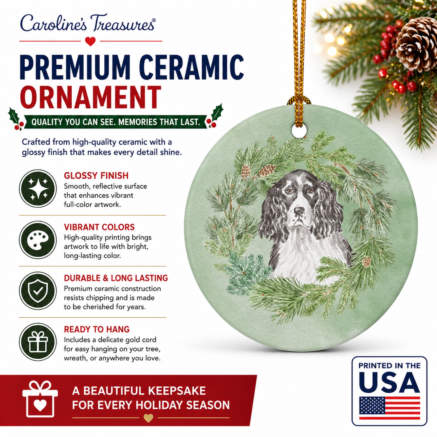 English Springer Spaniel Black and White Christmas Wreath Ceramic Ornament Christmas Tree Hanging Decorations for Home Christmas Holiday, Party, Gift, 3 in, Multicolor