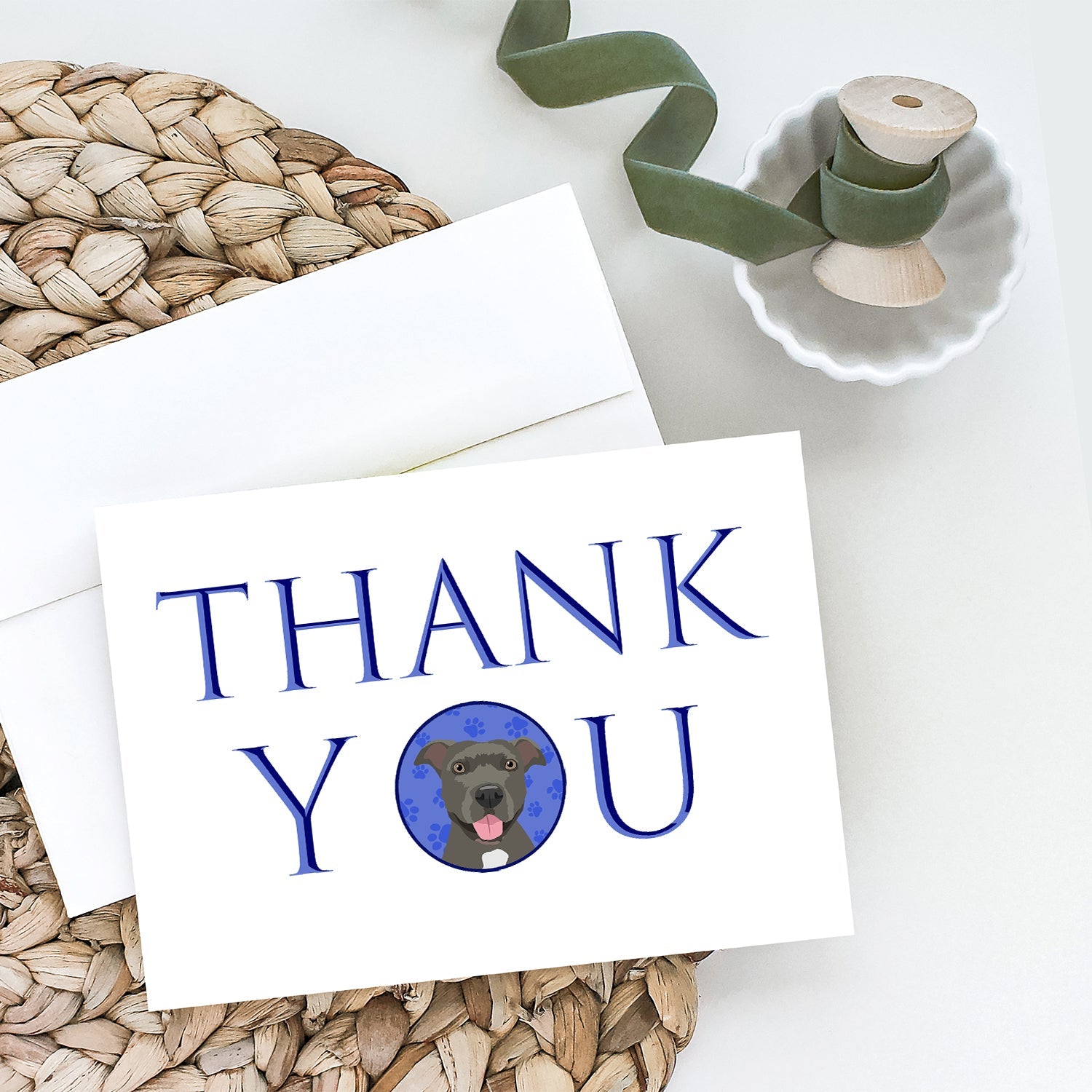 Pit Bull Blue #3 Thank You Greeting Cards Pack of 8 Blank Cards with Envelopes Whimsical A7 Size 5x7