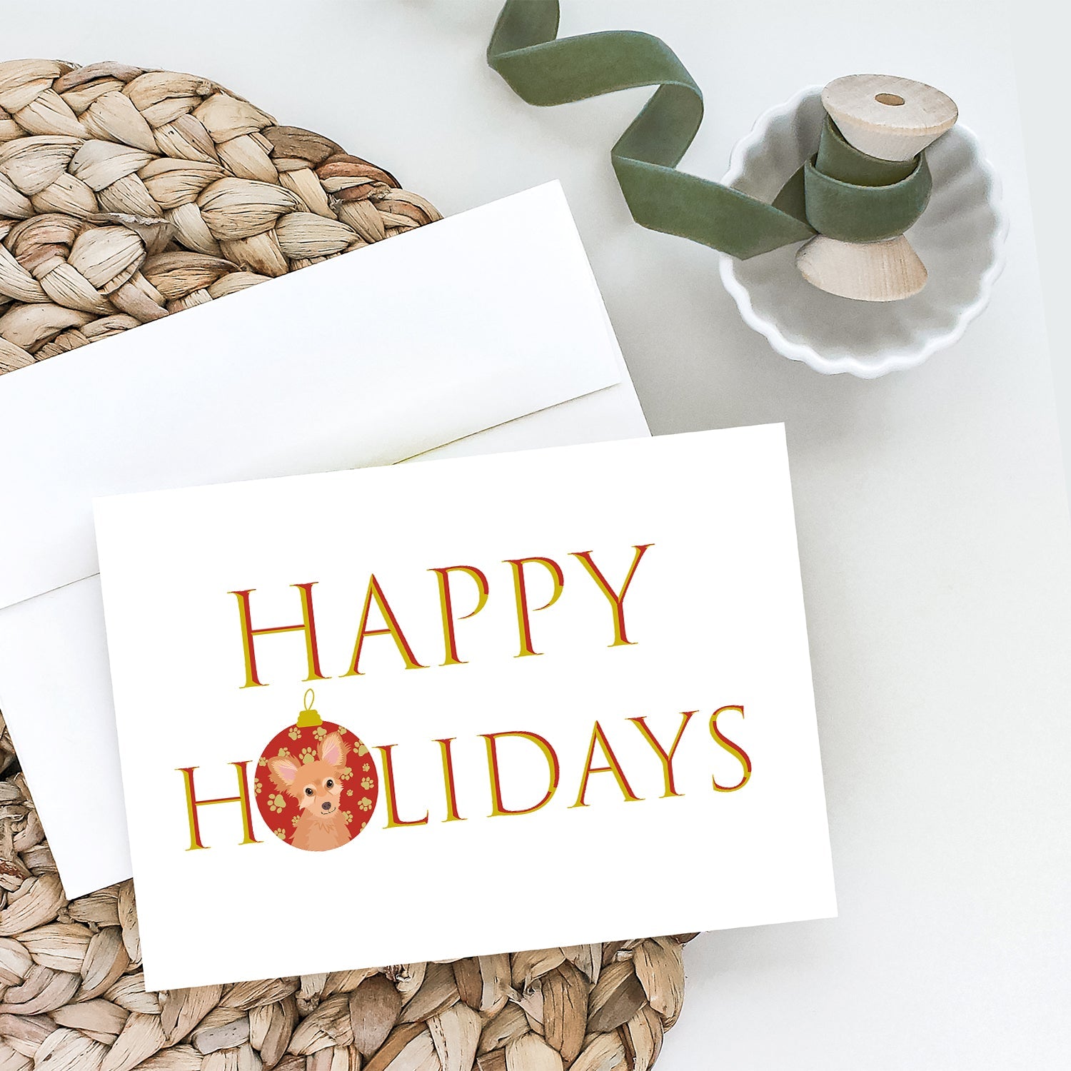 Chihuahua Fawn Happy Holidays Greeting Cards Pack of 8 Blank Cards with Envelopes Whimsical A7 Size 5x7