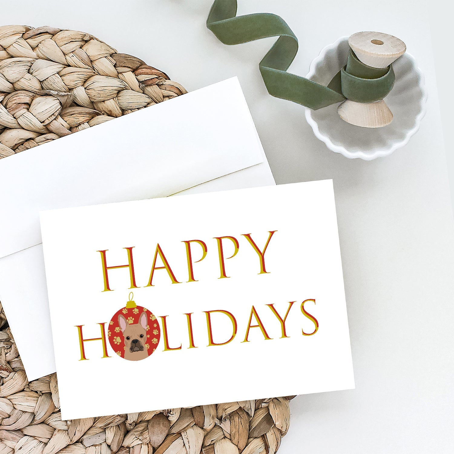 French Bulldog Cream Happy Holidays Greeting Cards Pack of 8 Blank Cards with Envelopes Whimsical A7 Size 5x7