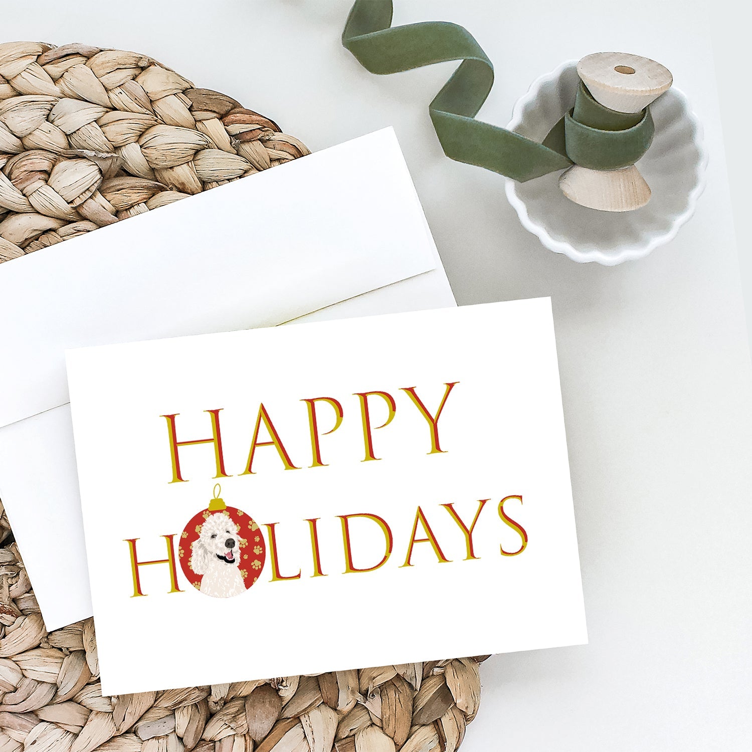 Poodle Standard White Happy Holidays Greeting Cards Pack of 8 Blank Cards with Envelopes Whimsical A7 Size 5x7