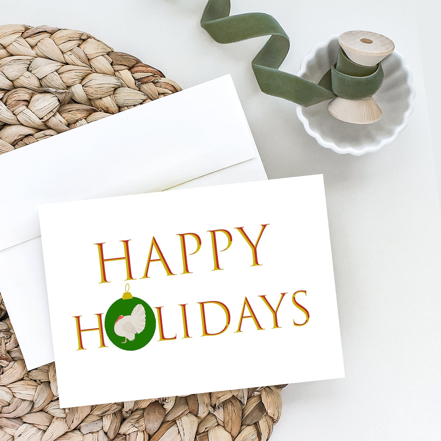 Turkeys - White Holland Turkey Happy Holidays Greeting Cards Pack of 8 Blank Cards with Envelopes Whimsical A7 Size 5x7