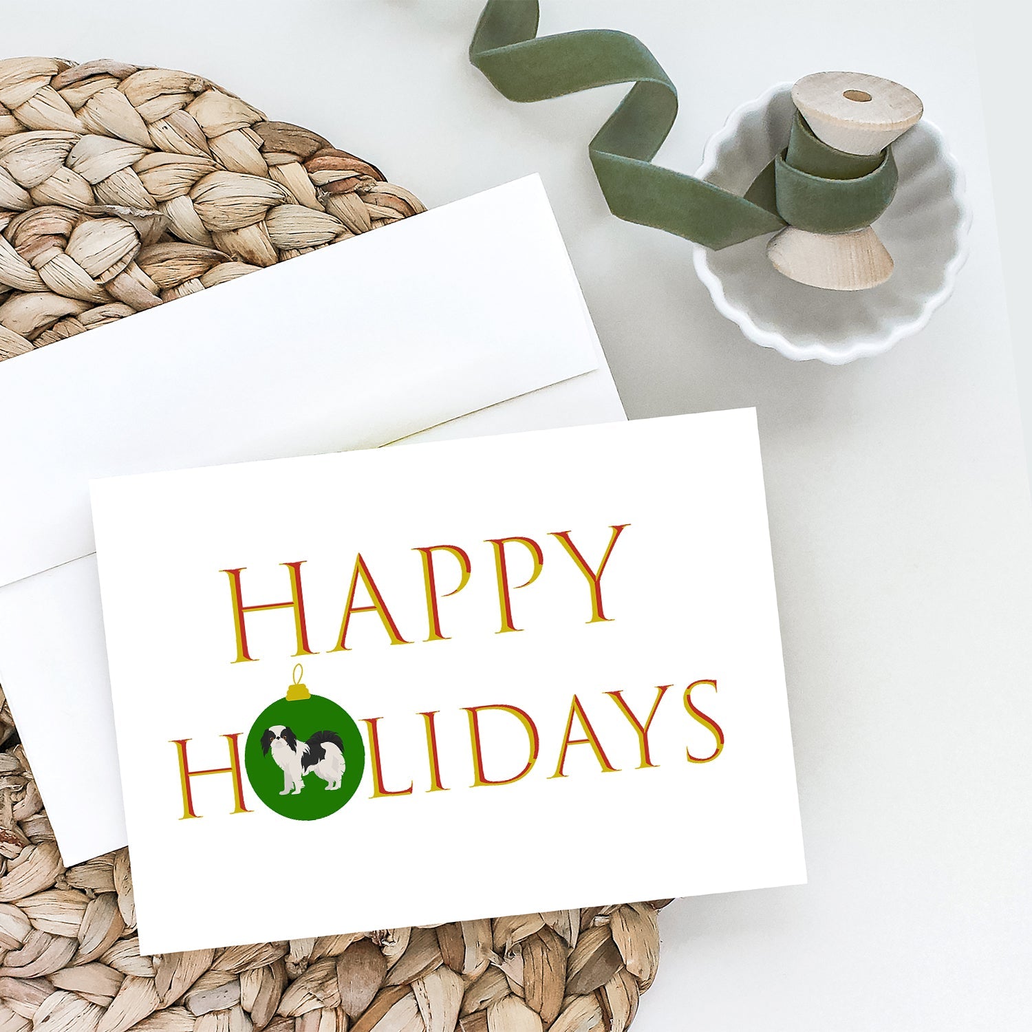 Japanese Chin #2 Happy Holidays Greeting Cards Pack of 8 Blank Cards with Envelopes Whimsical A7 Size 5x7