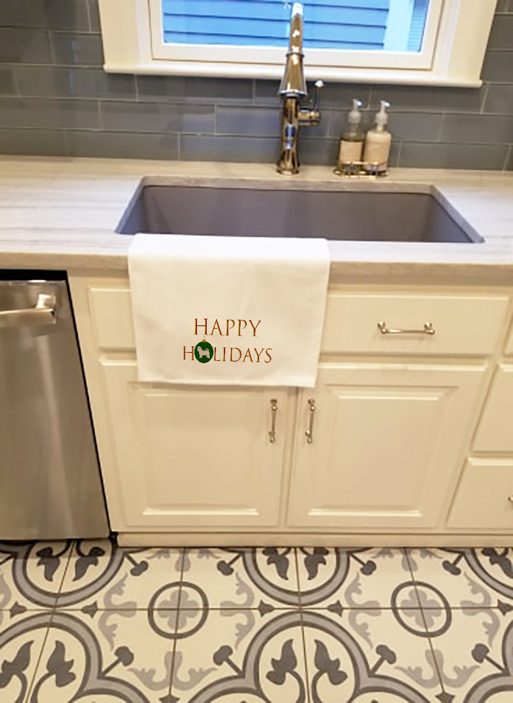 Maltese - Puppy Cut Happy Holidays Kitchen Towel Set of 2 White Dish Towels Decorative Bathroom Hand towel for Hand, Face, Hair, Yoga, Tea, Dishcloth, 19 X 28", White