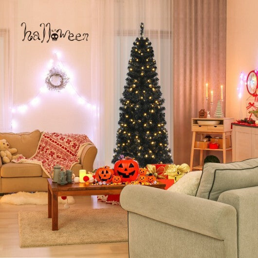 Pre-lit Christmas Halloween Tree with PVC Branch Tips and Warm White Lights-7 ft