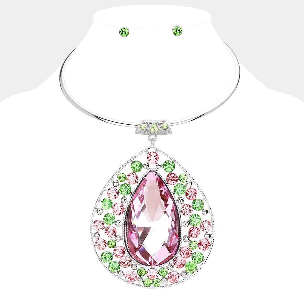 Teardrop Centered Bubble Stone Cluster Choker Evening Necklace